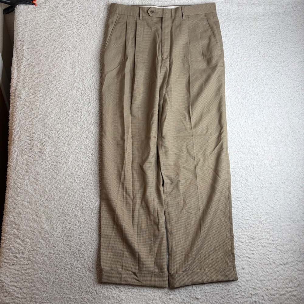 Lauren Ralph Lauren Mens 32x30 (32x29) Pleated Houndstooth Dress Pants Loose Tan